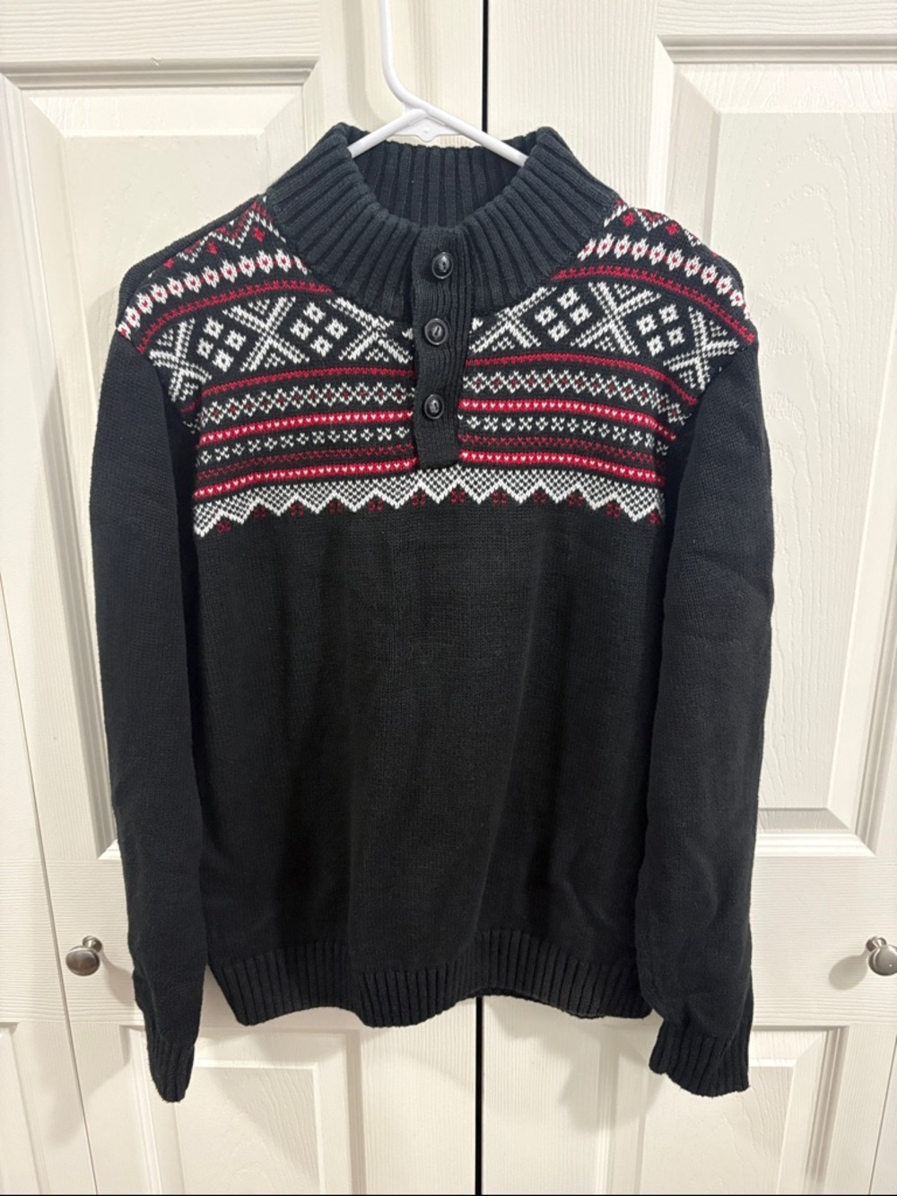 Chaps Black Crewneck Sweater with Red & White Fair Isle Yoke